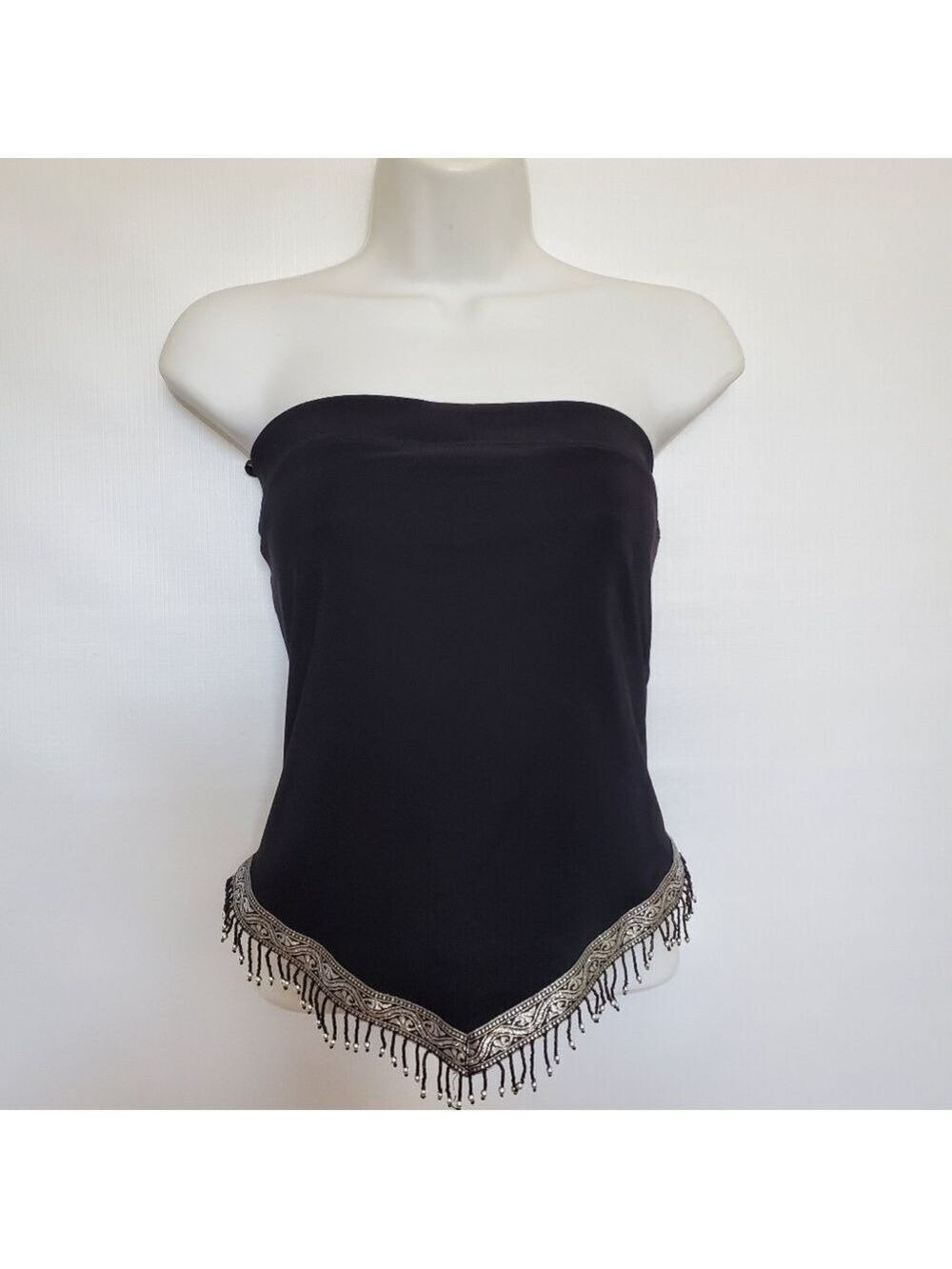 TUBE TOP BY TOTO WOMEN 2X BEADED HEM EMBROIDERY BLACK STRETCHY BAND COACHELLA